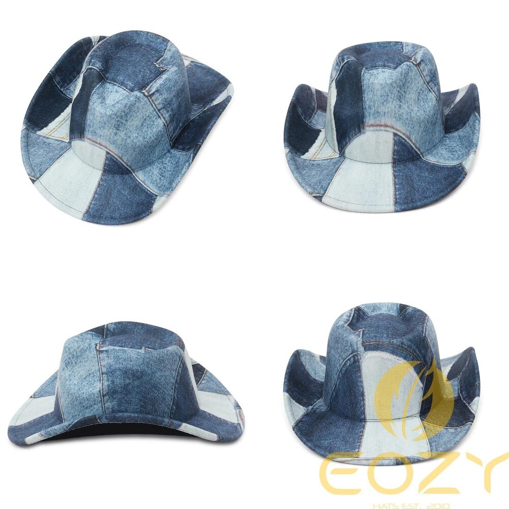 3574 Tie Dye Denim Patchwork Cowboy Hat For Women Men Western Wide Brim - Picture 4 of 7